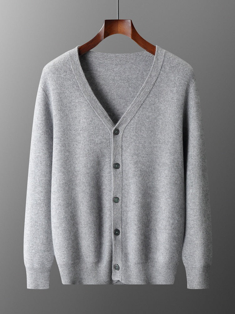 Pure Wool Cardigan Men's V-neck Solid Color Long Sleeve